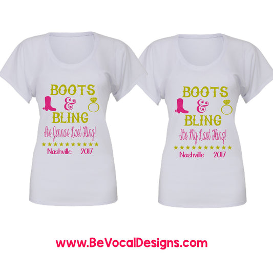 Boots and Bling Last Fling Bachelorette party Woman's Raglan Flowy Tee Shirt - Be Vocal Designs